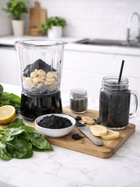 Gezonde charcoal smoothie bereiding